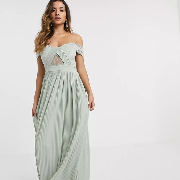 Asos premium lace and pleat Bardot maxi dress sage green NWT 4 - Picture 4 of 12